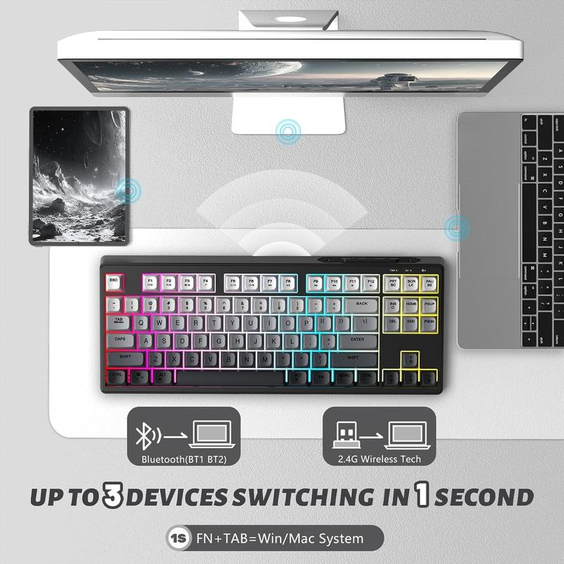 FREEWOLF M87 Wireless/BT Dual Modes Manbrane Gaming Keyboard 87 Keys Layout Type-C Rechargeable PBT Keycaps with Cool Rainbow Backlit  for PC Mac Linux