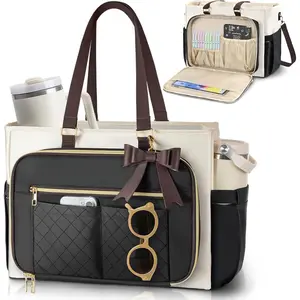 Teacher Tote Bag for Women,Multi-Pocket Laptop & Nurse Work Bag with Cup Holder,Structured Business Briefcase  Purse