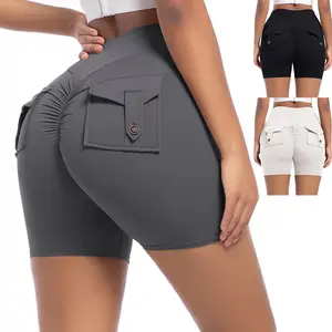 AMLANG Women's High Waist Ruched Skinny Sports Shorts Cool Breathable Solid Button Pocket Yoga Gym Shorts Workout Clothes Ladies Sports for All Season Wear