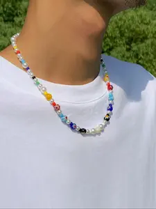 Men's Casual Vacation Style Colorful Flower Glass Pearl Beaded, Fashion Creative Bohemian Charm Accessory, Boho Style Necklace, Trendy Charms Necklace