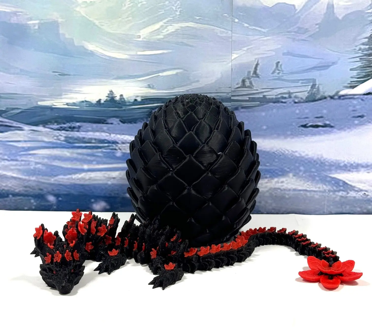 3D Printed Dragon with Egg, Articulated Black and Red Cherry Blossom Dragon, 12 Inches Fidget ADHD Autism Toy D082-BE