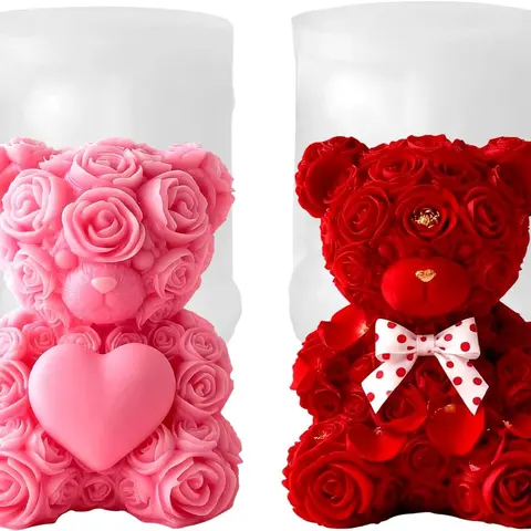 2pcs 3D Rose Bear Candle Molds, Teddy Bear Silicone Molds for Epoxy Resin, DIY Candle Soap Chocolate Cake Making, Candle Making Supplies, Handmade Crafts, Valentine's Day, Handmade Gifts
