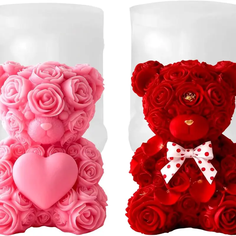 2pcs 3D Rose Bear Candle Molds, Teddy Bear Silicone Molds for Epoxy Resin, DIY Candle Soap Chocolate Cake Making, Candle Making Supplies, Handmade Crafts, Valentine's Day, Handmade Gifts