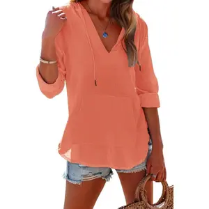 Fisace Women's Beach Cover Up hoodies sweatshirt Long Sleeve V Neck Pocketed Hooded Shirt ToGift