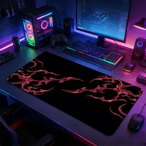 Abstract Neon Red Tribal Pattern Large Extended Mouse Pad, Non-Slip Rubber Base with Stitched Border, Modern Cyber Sigilism Art Design, Durable Accessory for PC Gaming Setup, Ideal Gift for Tech & Tribal Art Enthusiasts