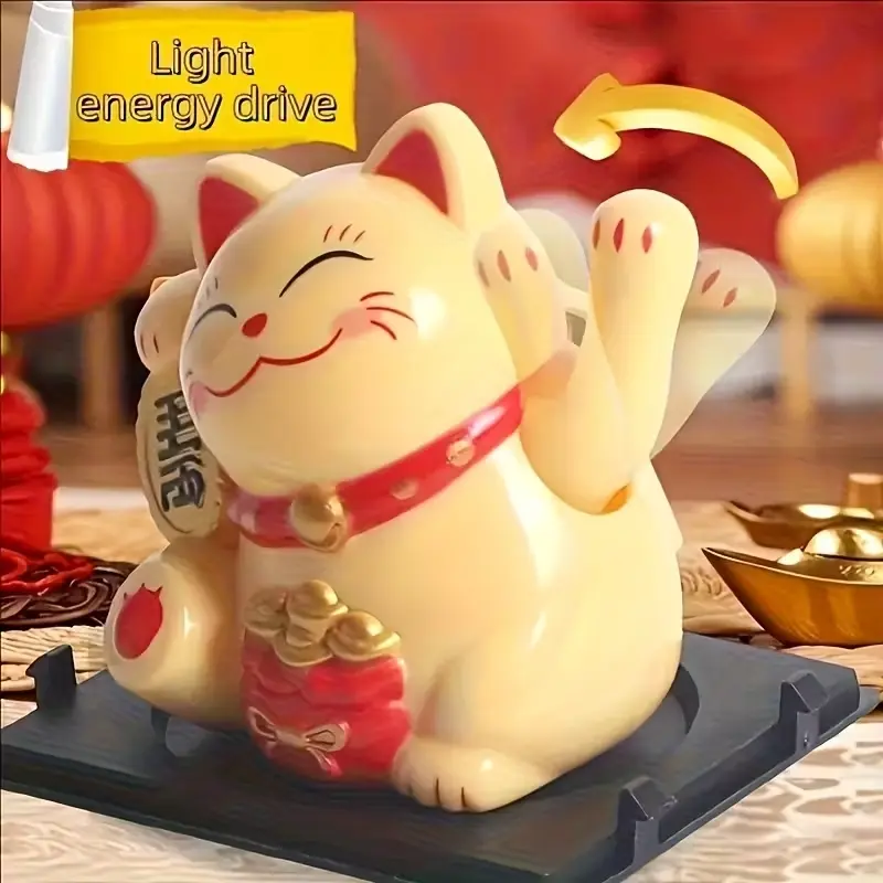 Solar-Powered Mini Lucky Cat Statue, Traditional Chinese Prosperity Decor, Feng Shui Ornaments, Car Dashboard & Desk Ornament, Festive Home Office Decoration