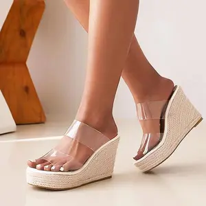 Heelchic Women Clear Wedge Heel Sandals Slip On Espadrilles Platform Sandals Slide Summer Beach Crystal Mules Sandals