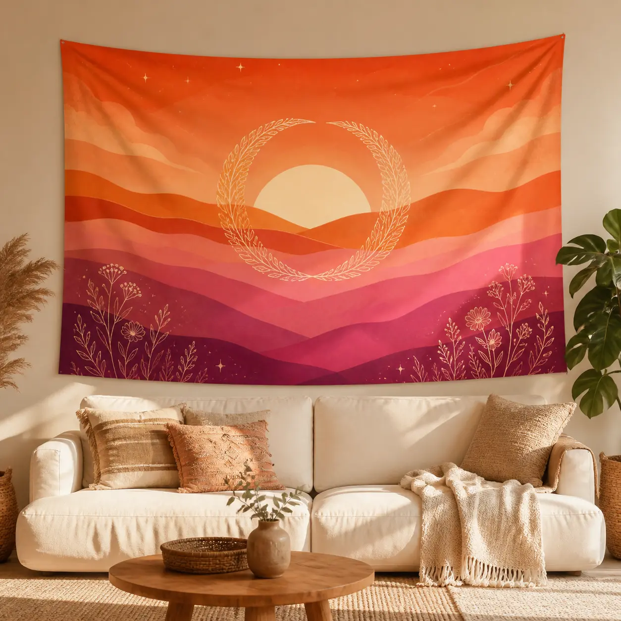 Lesbian Pride Flag Tapestry, Lightweight Linen Fabric, Orange Pink Sunset Landscape Wall Hanging, Lightweight LGBTQ Wall Art for Bedroom, Living Room or Dorm