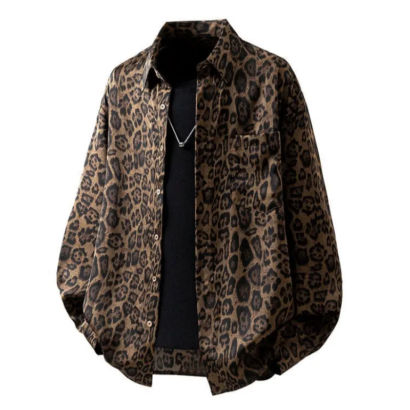 Men's Retro Leopard Print Shirt, Casual Streetwear Button Down Overshirt with Long Sleeves and Chest Pocket, Loose Fit, Trending, New Year, Fitted