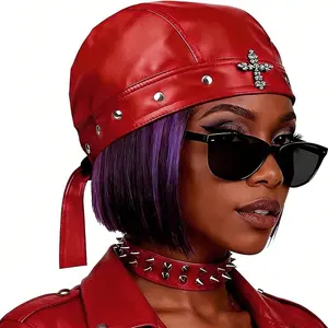 WoMen's Punk Motorcycle Skull Cross Cap Biker Cap Adjustable Hair Accerssories, Summer Stylish Biker Doo Rag Headwrap For Riding & Outdoor Activities Red Head Scarf Women