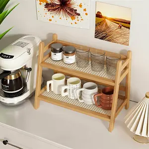 Wicker-Look Tea and Coffee Bar Station Organizer, Bamboo Mug Holder Countertop, Matcha Stand, Cup Display Shelf, Condiment Storage Rack for Kitchen Counter, 2 Tier, Double Tiers