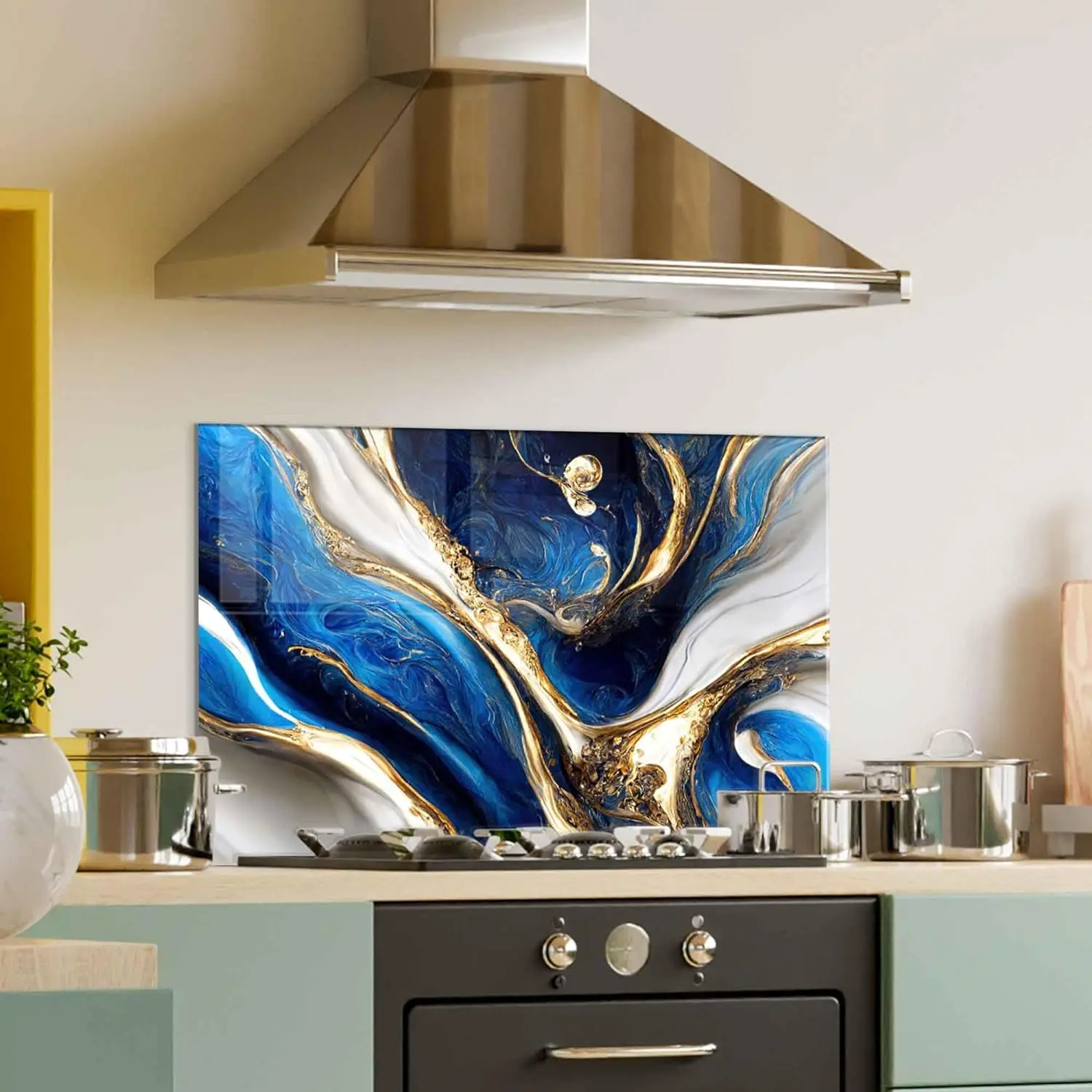 GCKG Abstract marble fluid art background Blue and gold colors Tempered Glass Kitchen Backsplash, Stove Back Cover, Stove Splashback, Cutting Board, Kitchen Wall Decor