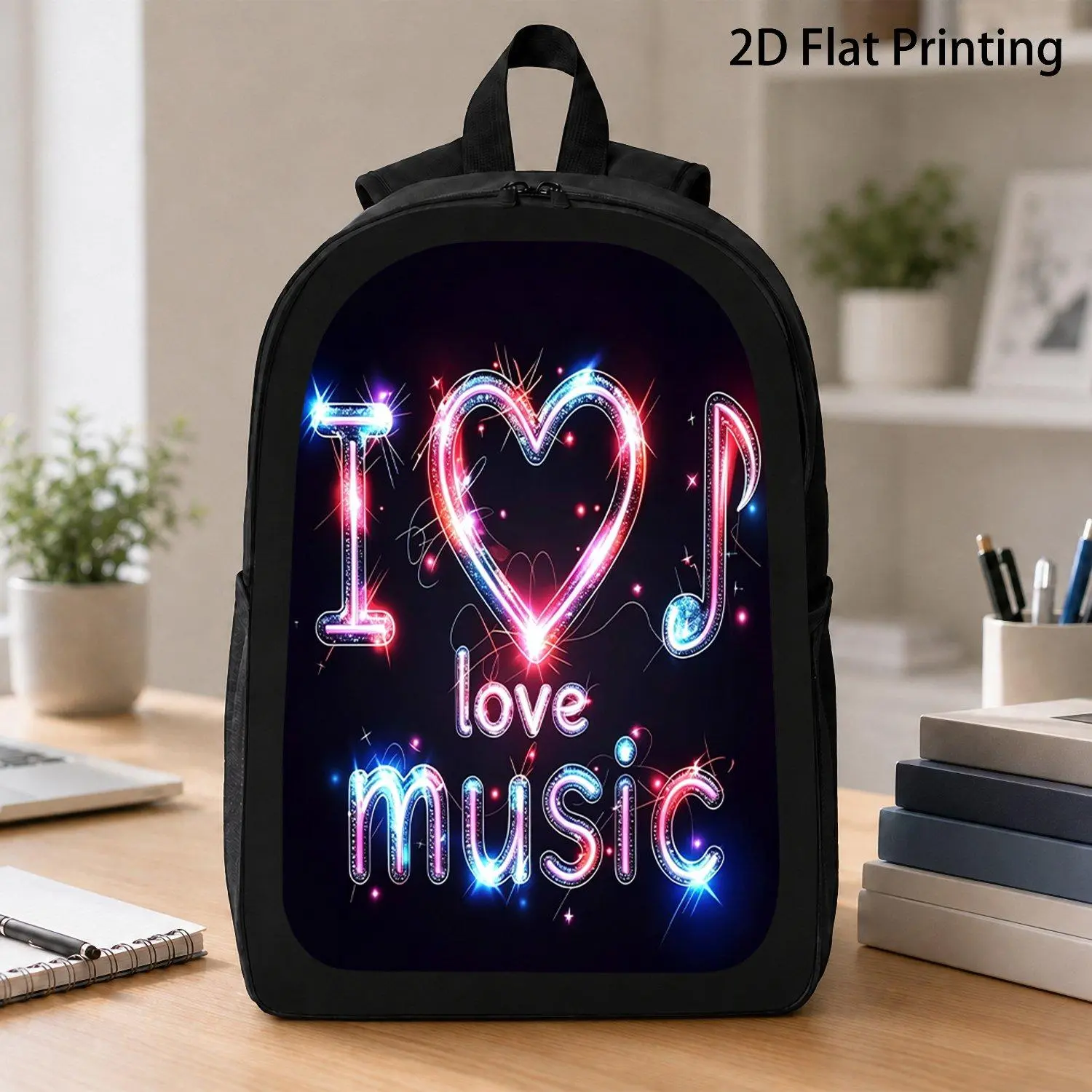 1pc Printed Backpack I Love Music Neon Heart Print Casual Backpack for Daily School And Travel