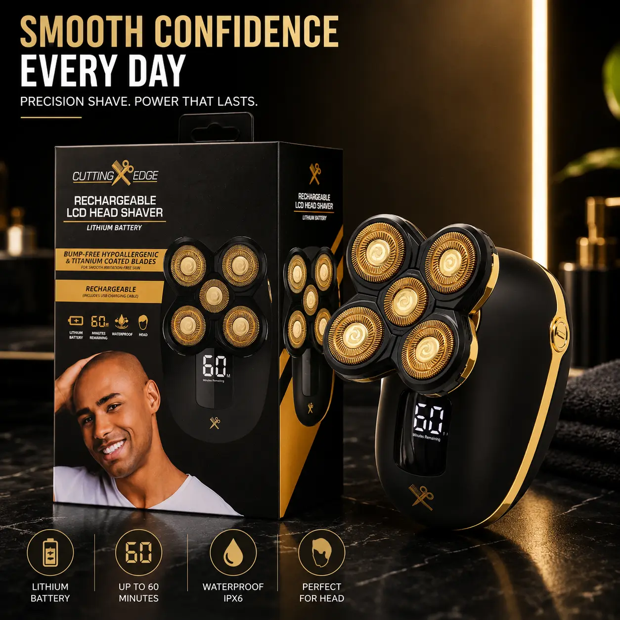 Men's 5-Head Rotary Electric Shaver - LCD Display, USB Rechargeable, Bump-Free, Hypoallergenic, Wet/Dry, Travel-Friendly