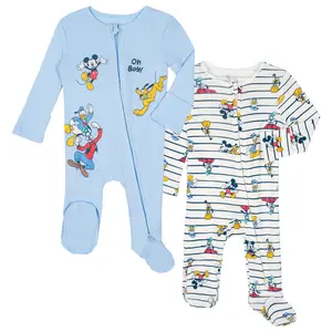 Disney Mickey Mouse Baby Boys' 2-Pack 2-Way Zip-Up Striped Footed Sleeper Coveralls Friends Blue Newborn to Infant