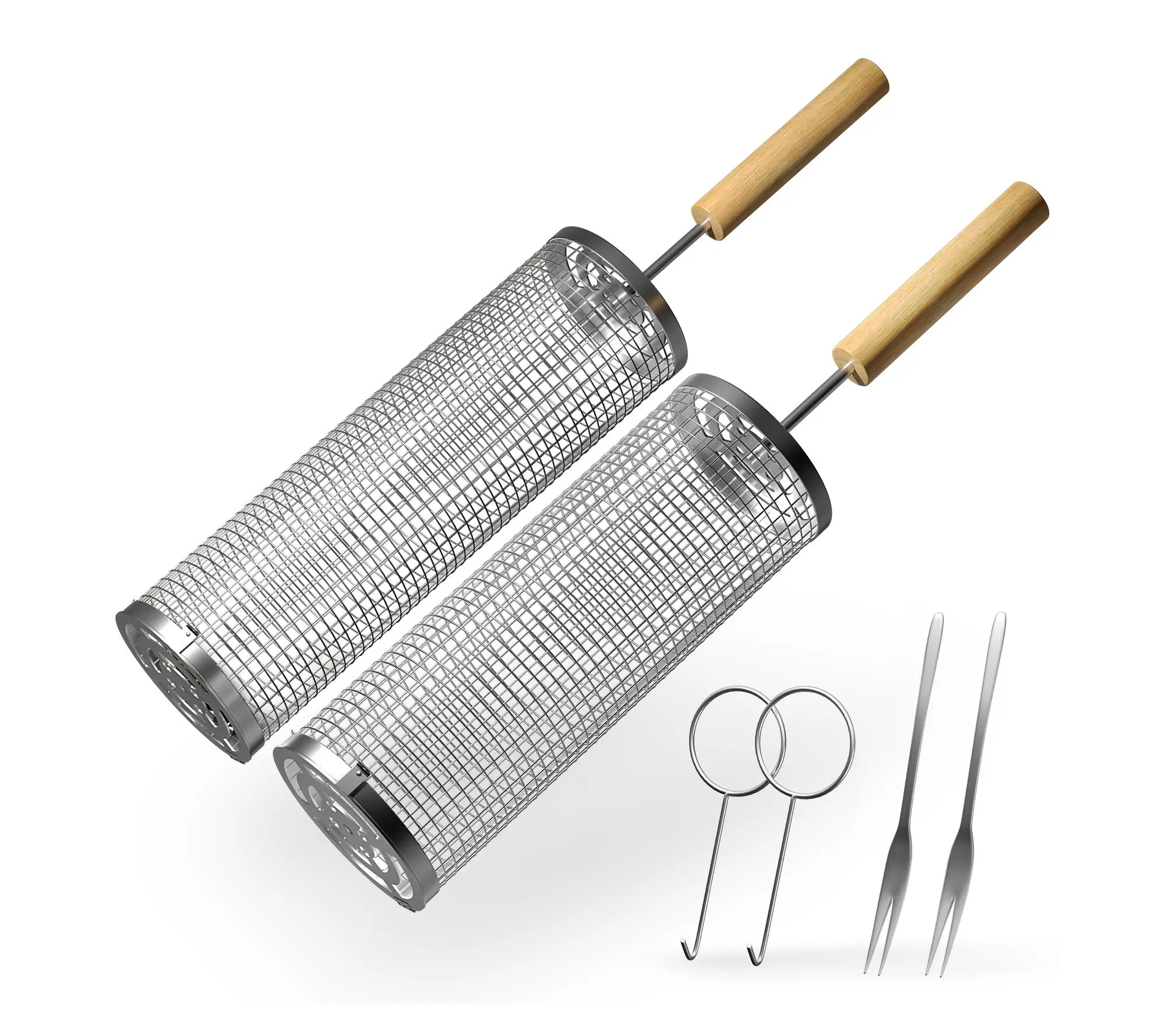 Sorbus Set of 2 Rolling Grill Baskets with Wooden Handle