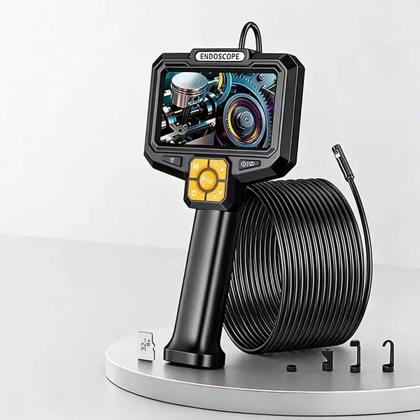 5" industrial endoscope with 2MP dual-view (front+side) lenses. 5M semi-rigid IP67 waterproof cable. 4-step LED brightness + 3X zoom. Records video & photo. 32GB card included. Ideal for tight-space inspections in automotive, plumbing, and machinery campi