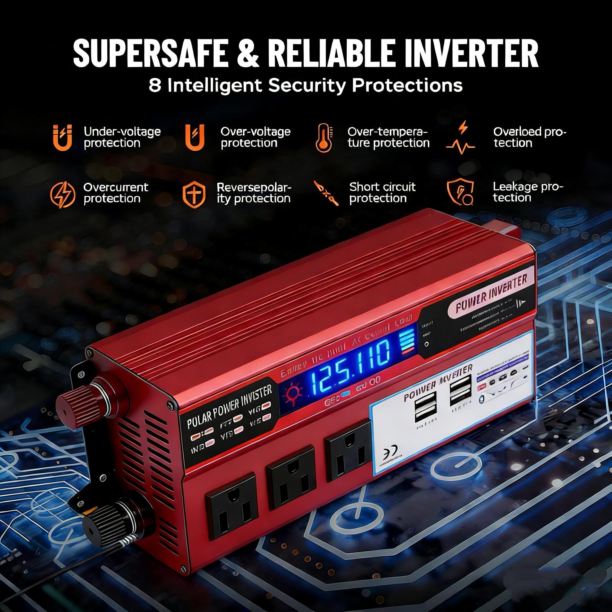 5000W Peak Car Power Inverter DC 12V to 110V AC Converter, High Efficiency Car Charger Adapter with Cooling Fan & Multiple Protections, 3 AC Outlets & 4 USB Ports for RV Truck Camping Emergency Use