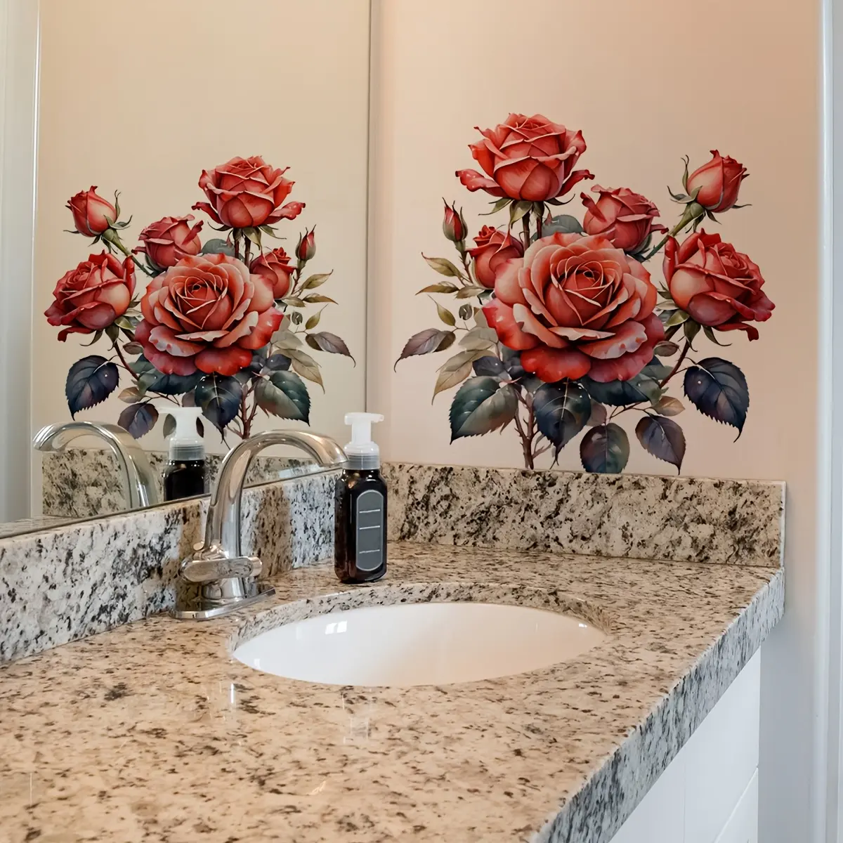 A Valentine's Day artificial rose wall sticker for bathroom and toilet decoration, self-adhesive, Decorative Wall Sticker, M10013-KQ, Floral Wall Decals, Floral Pattern Sticker, Wall Stickers Decor