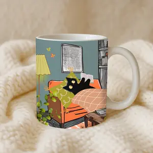 Cozy Black Cat Coffee Cup for Cat Lovers 11 oz Ceramic Tumbler with C-handle Dishwasher Safe Reusable Gift for Book Lovers