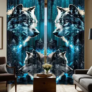 2pcs Pattern of the blue wolf clan leader HD Digital Print Curtains, Semi-Transparent Polyester, Fade Resistant, Hand Washable, Home Decor, Window Curtain