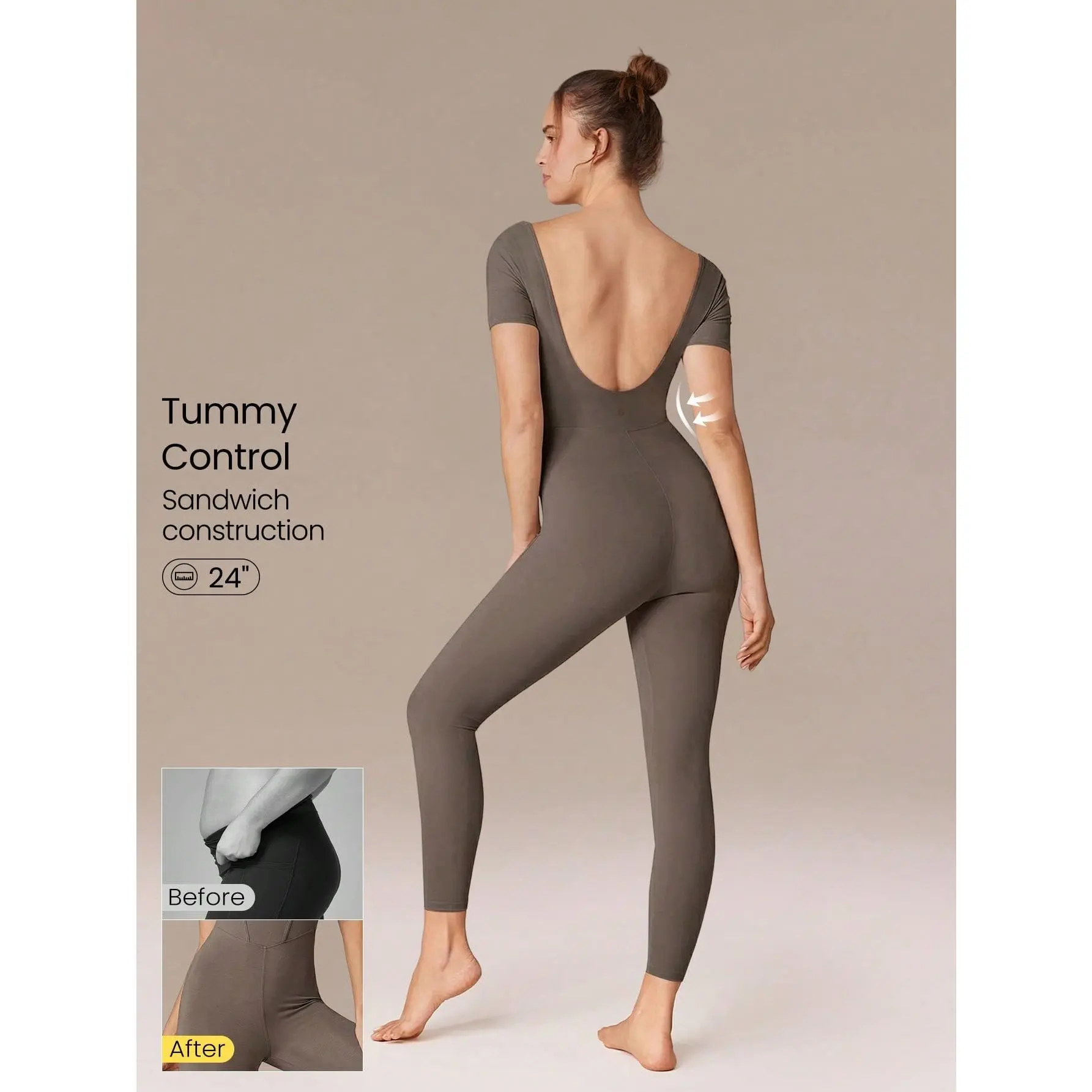GLOWMODE 24" FeatherFit Tummy Control U-Back Square Neck Jumpsuit Low Impact Yoga Daily Removable Cups