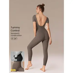 GLOWMODE 24" FeatherFit Tummy Control U-Back Square Neck Jumpsuit Low Impact Yoga Daily Removable Cups
