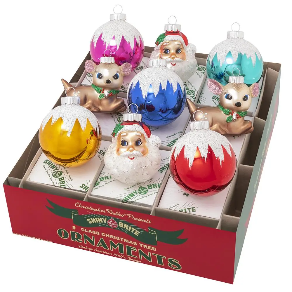 Christmas Confetti Decor - 9-Count Glass Ornaments, 2.5" Rounds, Santas, Deer - Cute Festive Decorations for Home Decor Ornaments
