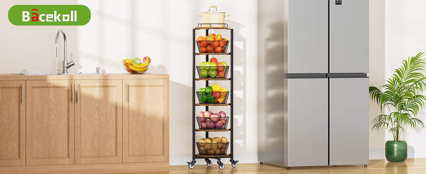 Fruit and Vegetable Storage Basket for Kitchen, 6 Tier Kitchen Cart on Wheels with Storage, Rolling Fruit Basket Stand with 5 Pack Fruit Bowl, Rotating Fruit Organizer Storage Cart for Potato, Onion