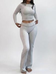 women's solid long sleeve crop tee & flare leg skinny pants loungewear set, casual round neck top & bell bottom leggings, sleepwear set for women, womenswear