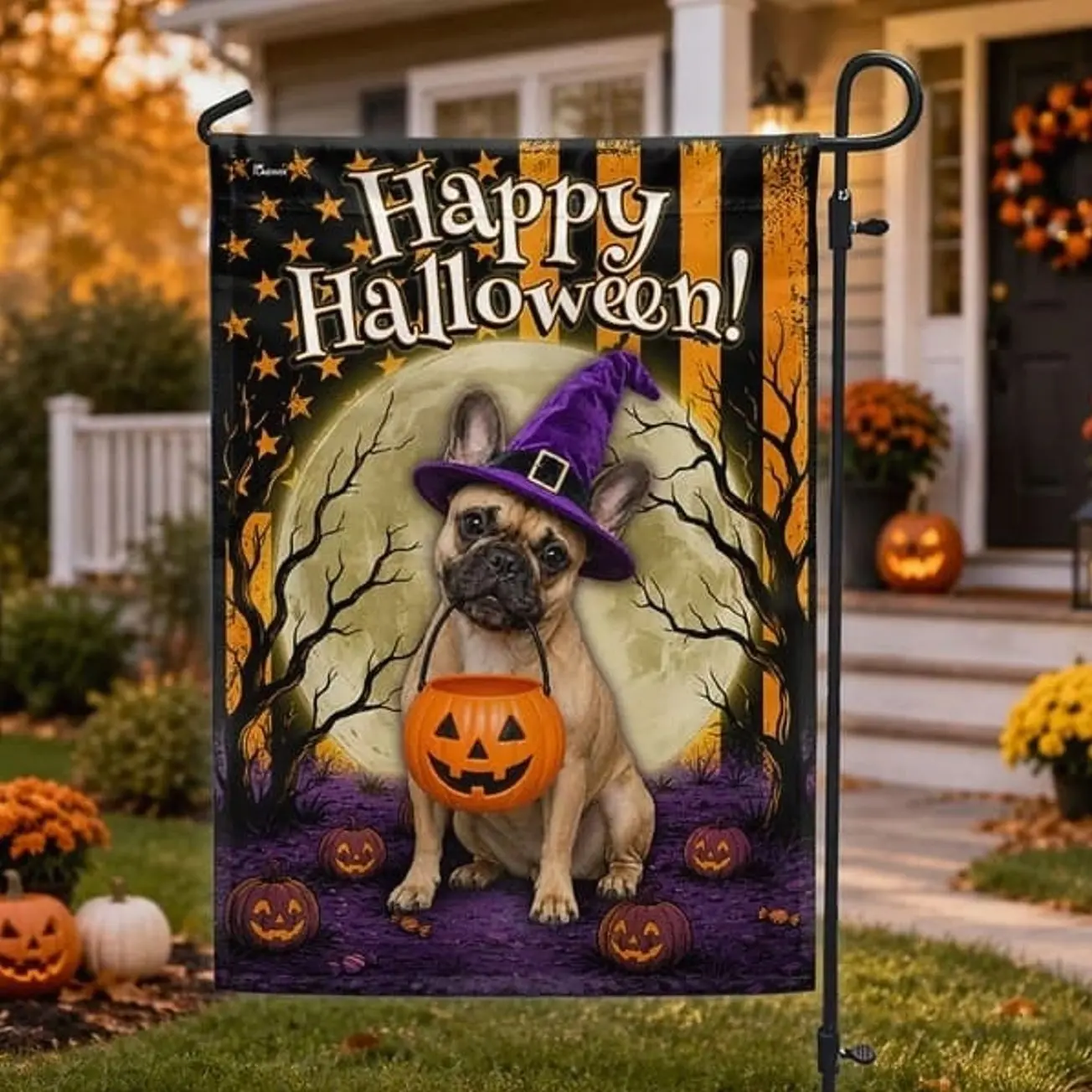 French Bulldog Halloween Garden Flag, Witch Dog Trick or Treat Outdoor Yard Decor