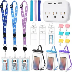 22 count Carnival Essentials Cruise Accessories Kit Include Cruise Luggage Tags Holder Cruise Lanyards for Ship Card  Hook  Phone Bag Towel Band and Power Strip(Bright Color)