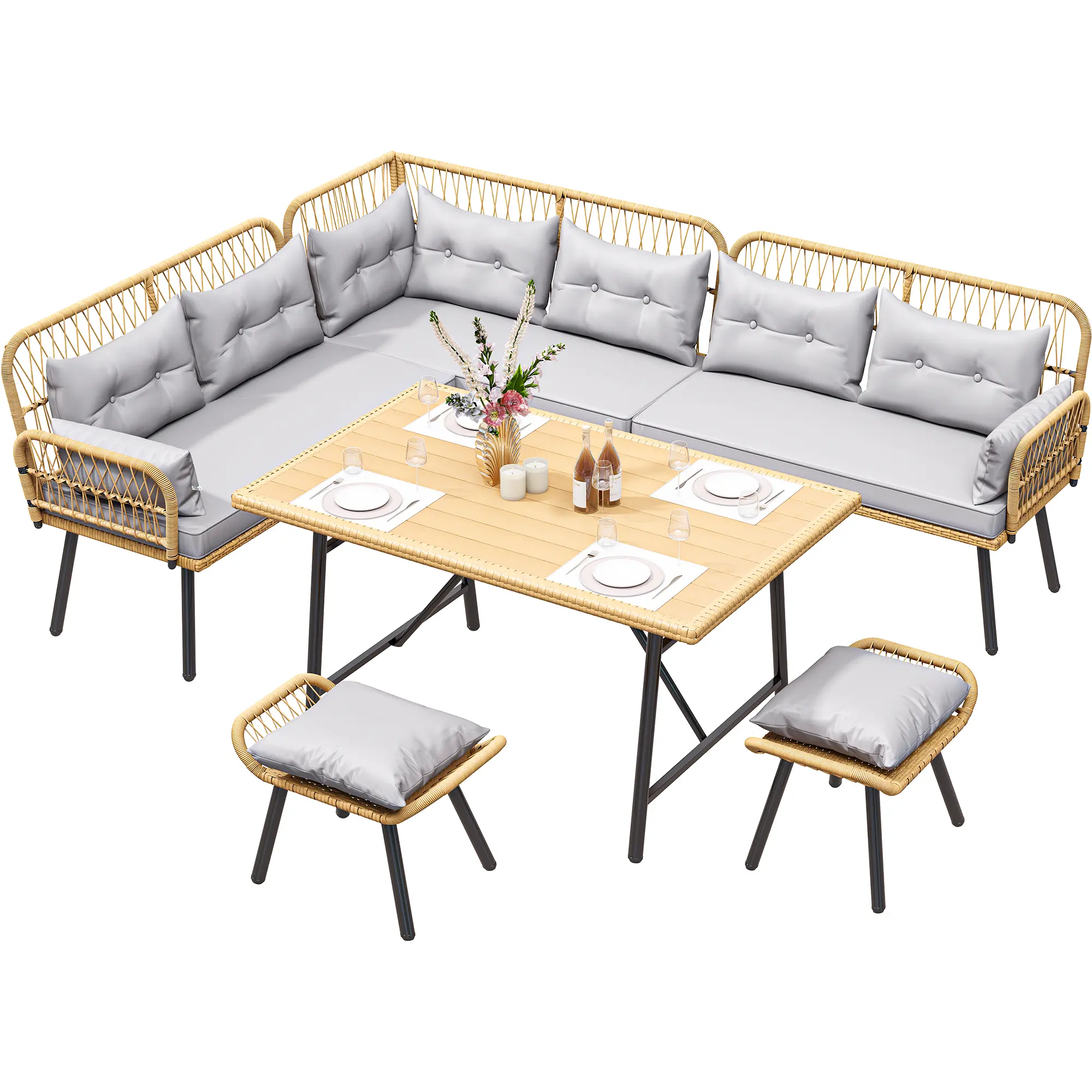 Yitahome Patio Wicker L-Shaped Furniture Set, All-Weather Rattan Outdoor Conversation Sofa Set for Backyard Deck with Soft Cushions,Ottomans and Plastic Wood Dining Table