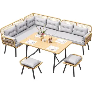 Yitahome Patio Wicker L-Shaped Furniture Set, All-Weather Rattan Outdoor Conversation Sofa Set for Backyard Deck with Soft Cushions,Ottomans and Plastic Wood Dining Table