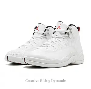 High-Top White Perforated Leather Upper with Black Trimmed Tongue, Red Decorative Accents, and White Rubber Sole Athletic Casual Sneakers