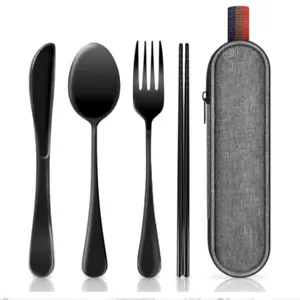 Reusable Travel Cutlery Set with Storage Box, Premium Stainless Steel Knife Fork Spoon, Portable Silverware for Outdoor Lunch Camping Picnic, Camping Kitchenware
