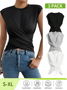 Women's Knitted Round Neck Drop Shoulder Sleeve T-Shirt, Knitwear, Fashion Casual Basic Asymmetrical Ruched Cross Cutout Back Tie Top,Spring&Summer break outfit idea,tiktokmademebuyit, Tshirt