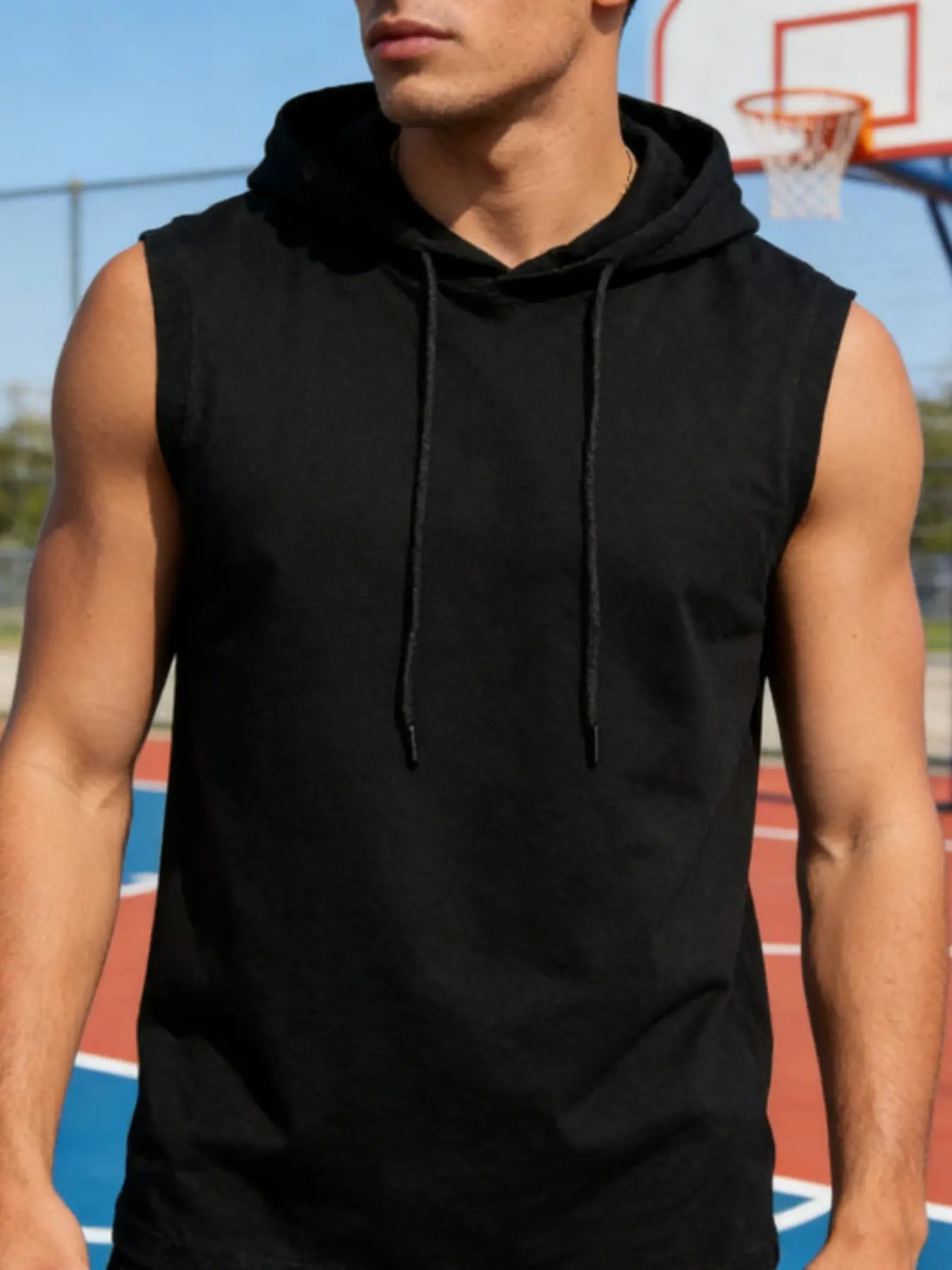Men's Solid Color Sleeveless Vest Hoodie, High-Quality Cotton, All-Day Wear, Street Culture Effect, Enhanced Comfort and Fashion