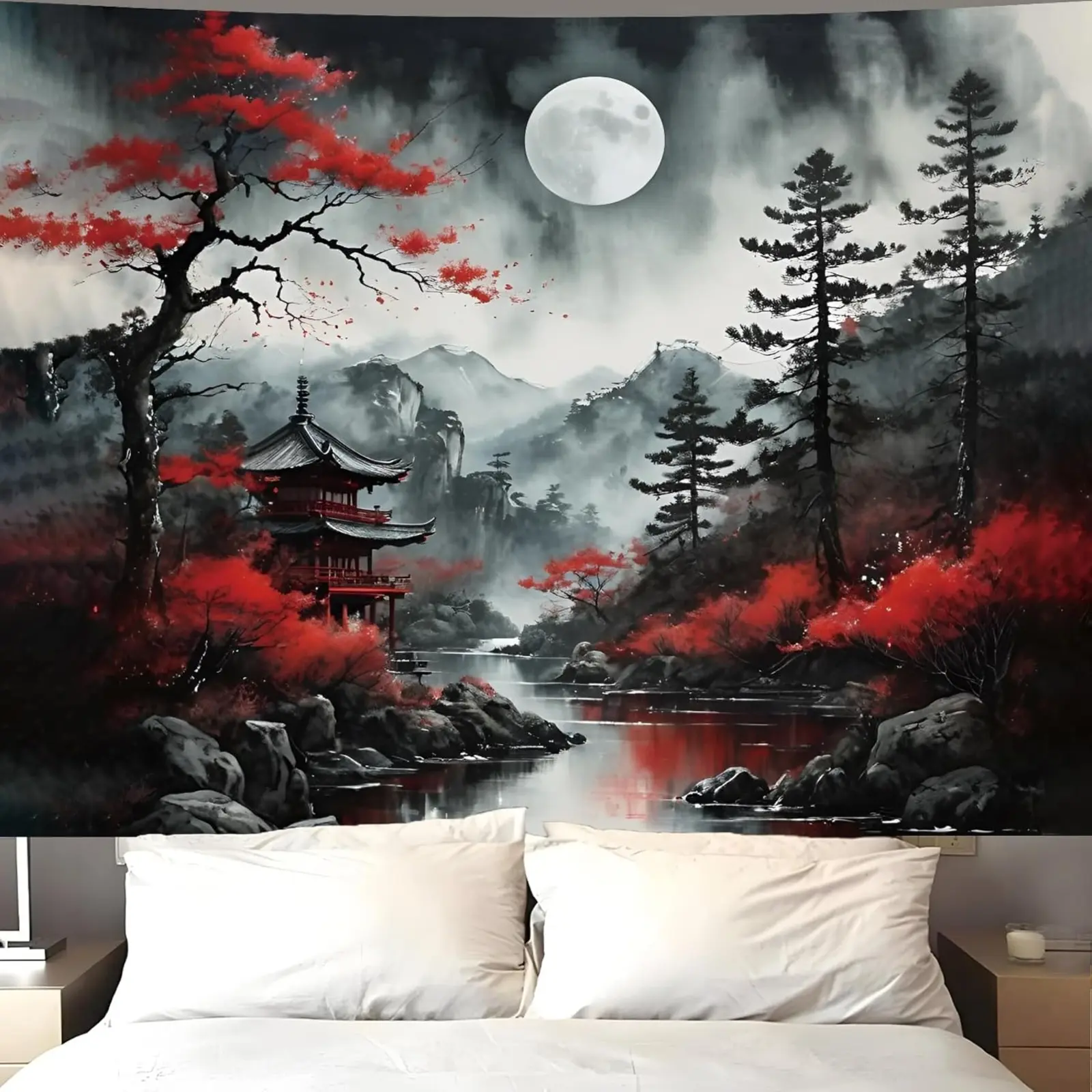 Anime Wall Tapestry for Bedroom Aesthetic, Black Forest Japanese Moon Tapestry Lightweight Wall Hanging, Vintage Nature Mountain Art Decor Dark Landscape Backdrop for Living Room 51"X60"