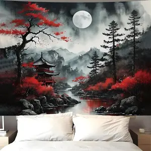 Anime Wall Tapestry for Bedroom Aesthetic, Black Forest Japanese Moon Tapestry Lightweight Wall Hanging, Vintage Nature Mountain Art Decor Dark Landscape Backdrop for Living Room 51"X60"