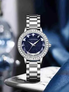 Kunhuang Women's Quartz Watch, Starry Sky Design, Blue Meteor Dial, Full Diamond Bezel, Stainless Steel Strap, Elegant Daily Wear