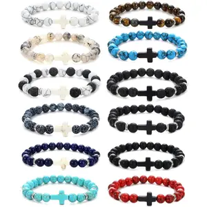 Unisex Cross Beads Bracelets Set (12Pcs, 8mm, 7.5in) - Healing Volcanic & Tiger Eye Stone Stretch Anxiety Bracelets, Adjustable Durable Cord, Minimalist Exquisite Design, High-Quality Affordable Gift