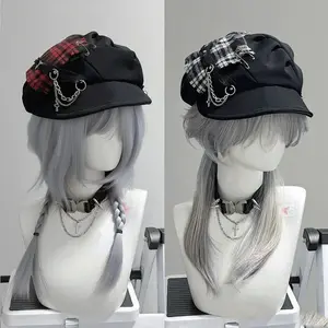 Subculture Punk Cross Unisex Dark Plaid Beret Flexible Cloud-Shaped Soft Brim Y2K Hat for Stylish Outfits