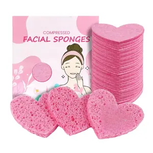 50-Pack Heart Shaped Facial Sponges | Compressed Natural Cellulose Makeup Remover Pads | Exfoliating Facial Cleansing Sponges for Deep Cleaning, Mask Removal & Spa Skincare | Reusable (Pink)