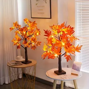 [Fall Lighted Maple Tree] 1pc 24-inch Fall Lighted Maple Tree with 24 LED Lights, Thanksgiving Holiday Decoration, Battery USB Operated DIY Artificial Tree, Centerpieces Decor for Home Desktop Autumn Harvest Tabletop Indoor