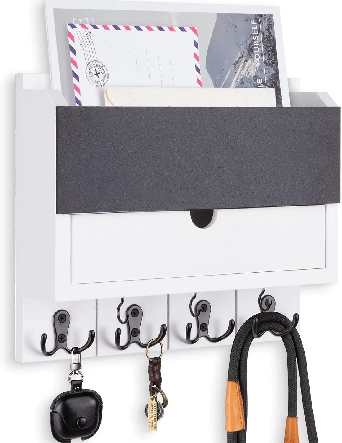 Mail and Key Holder Wall Mount with Storage Drawer & Chalkboard Panel | Modern Wooden Mail Organizer for Wall Entryway, 7 key hooks, Stylish Home Decor for Apartments, Living Room, Office