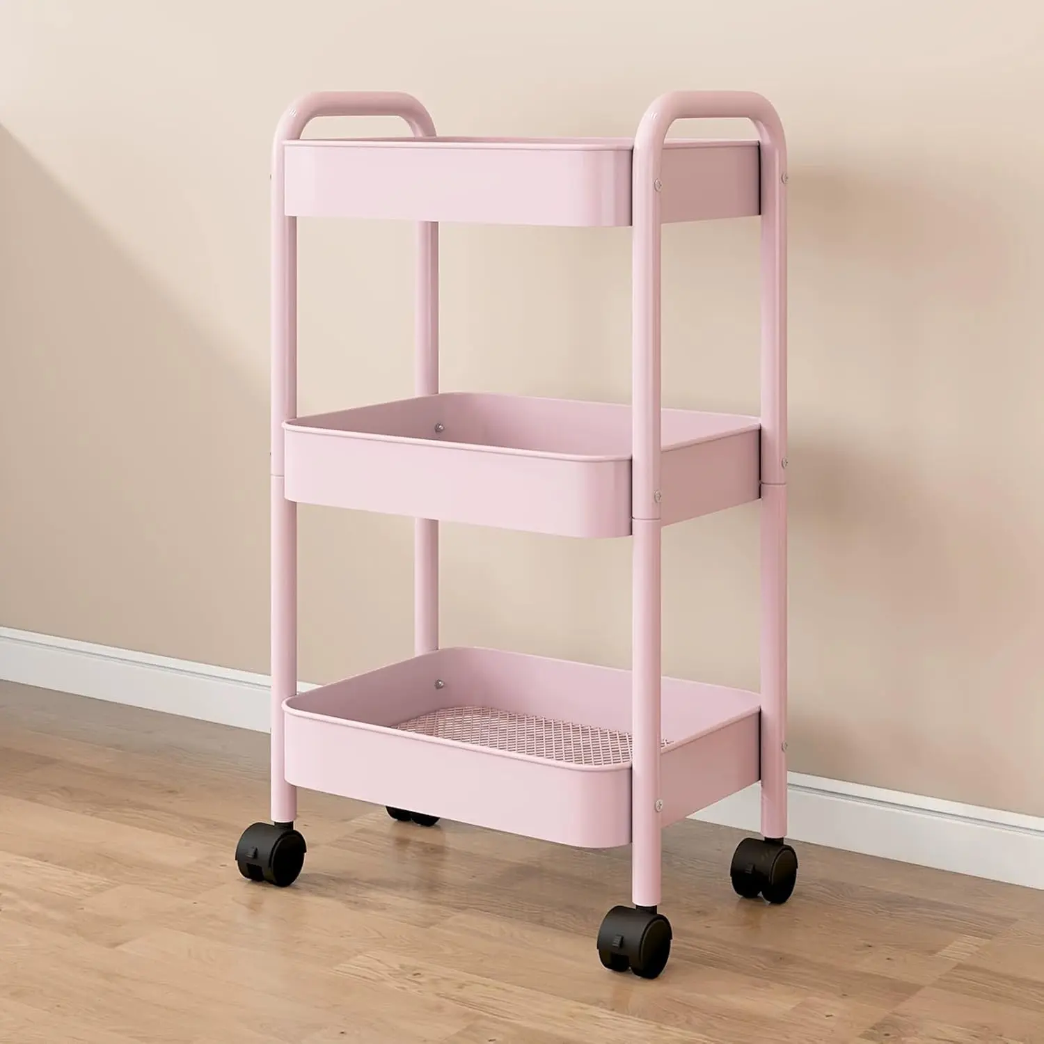 3-Tier Rolling Utility Cart with Handle, Heavy Duty Metal Storage Organizer on Wheels, Easy Assembly Space-Saving Mesh Rack for Kitchen, Bathroom, Nursery, Office, Dorm, Perfect Mother's Day Gift for Mom, Sturdy Lockable Utility Trolley, White/Pink