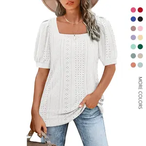 Danedvi Womens Summer Tops Square Neck Short Sleeve Tunic Tops Eyelet T-Shirts S-2XL Casual Pleated Blouse