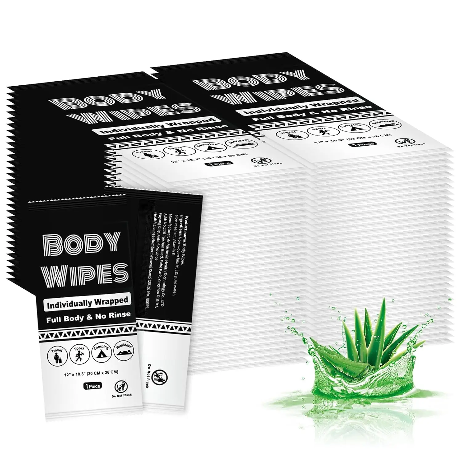 Individually Wrapped  Wipes Bulk Bath Wipes, Women Men Large Adult Disposable  Shower Wipes No Rinse-Free Bathing Cloths Wipes for Outdoors After Gym Camping Travel (100, Black, 12 x 10.3 in)