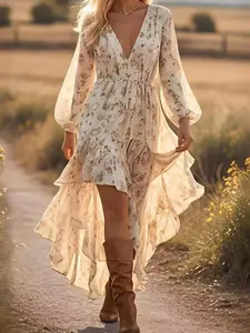 Women's Boho Floral High Low Dress, V Neck Long Sleeve Ruffle Hem Chiffon Dress, Western Cowgirl Outfit, Wedding Guest Beach Vacation Sundress For Spring Summer